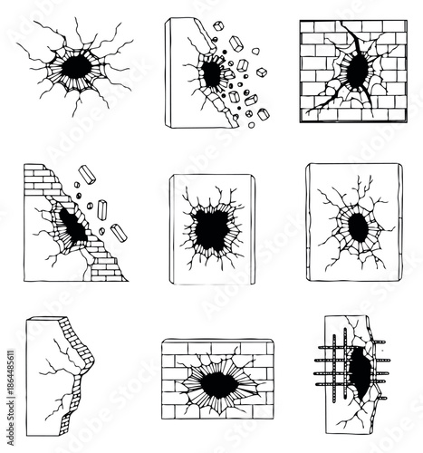 Hand drawn line art wall destruction set featuring holes, cracks, and rebar for impact and damage effects