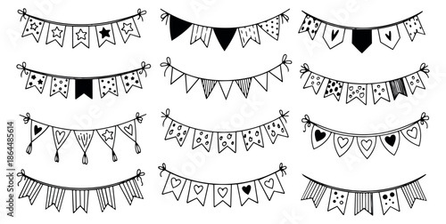 Hand drawn line art bunting flags set featuring stars, hearts, stripes, and polka dot patterns for celebration and party decoration