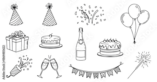 Hand drawn line art party elements set featuring birthday hats, cakes, confetti, and balloons for celebration events