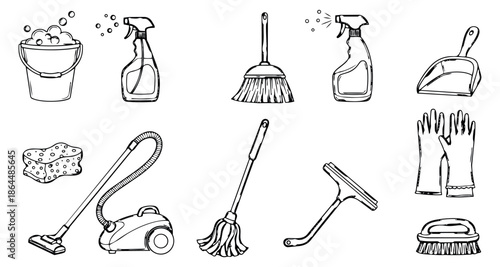 Hand drawn line art cleaning tools set featuring various household equipment and supplies for domestic chores and sanitation