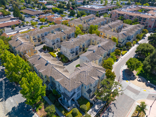 Modern town house building aerial view on Town Center Lane at Cupertino Civic Center in city center of Cupertino, California CA, USA.   