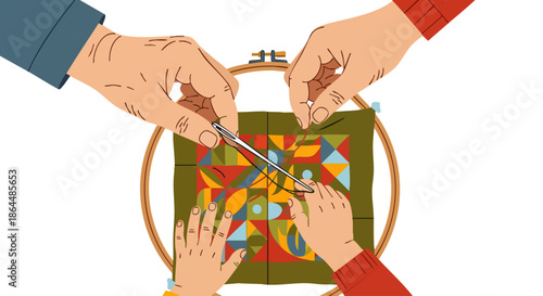 Adult and child hands meticulously collaborate on a vibrant embroidery design within a hoop, symbolizing shared creativity, skill development, and family crafting joy.