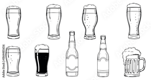 Hand drawn line art beer set featuring various glasses, bottles, and a mug for beverage and bar designs