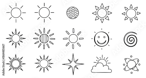 Hand drawn line art sun icon set featuring various styles and celestial elements for weather and energy concepts