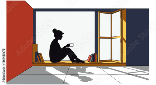 A serene silhouette of a woman enjoying a peaceful moment by a sunlit window, surrounded by books in a cozy, minimalist interior.