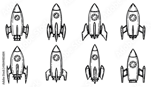 Hand drawn line art rocket illustration set featuring vintage spaceships for space travel and startup concepts