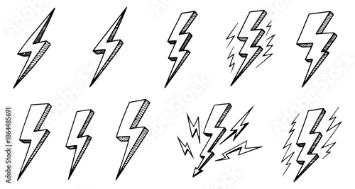 Hand drawn line art lightning bolts set featuring various doodle styles for energy and weather designs
