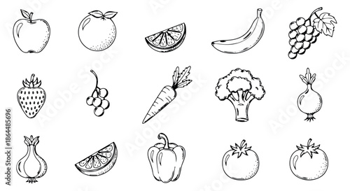 Hand drawn line art fruits and vegetables set featuring an apple, orange, banana, grapes, strawberry, carrot, broccoli, onion, bell pepper, and tomato for healthy eating and cooking