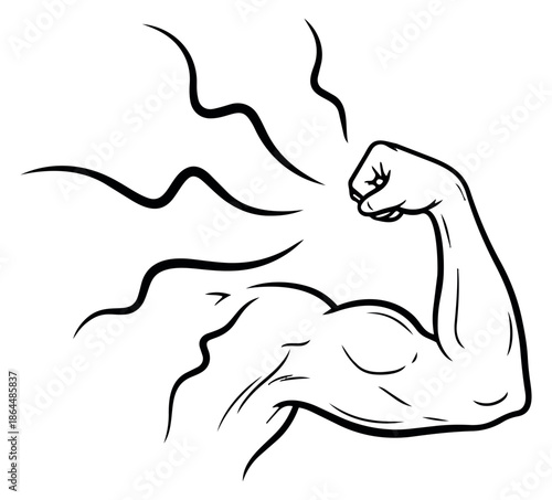 Hand drawn line art illustration of a muscular arm depicting a flexing bicep for power and strength themes