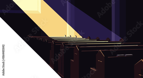 Sunlight streams through stained glass windows illuminating empty pews in a serene church interior.