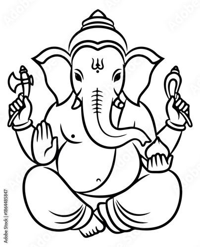 Hand drawn line art illustration of Lord Ganesha depicting a seated pose for Hindu festivals