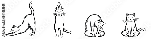 Hand drawn line art cat set featuring various stretching and yoga poses for relaxation and wellness designs