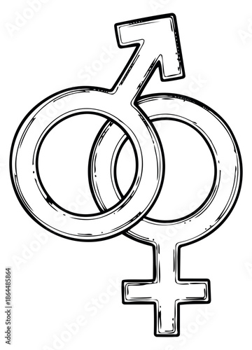 Hand drawn line art illustration of intertwined male and female gender symbols depicting union for relationship concepts