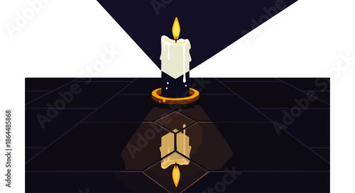 A solitary lit candle casts a warm glow and a distorted reflection on a dark, patterned surface.