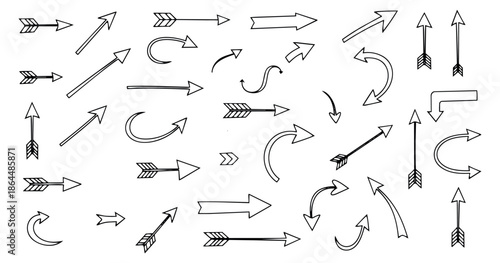 Hand drawn line art arrow set featuring diverse directions and styles for design and navigation purposes