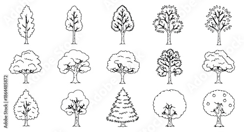 Hand drawn line art tree set featuring various forest and garden trees for nature and environmental designs