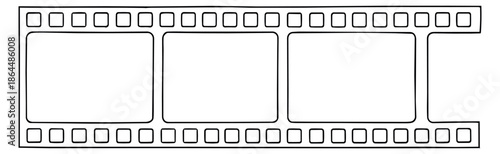 Hand drawn line art illustration of a film strip depicting three blank frames for retro cinema design