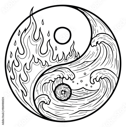 Hand drawn line art illustration of a yin yang symbol depicting fire and water elements for balance and harmony