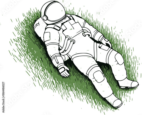 Hand drawn line art illustration of an astronaut depicting resting on green grass for a whimsical concept