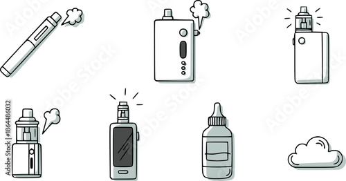 Hand drawn line art vaping device set featuring various e-cigarette models, an e-liquid bottle, and a smoke cloud for modern lifestyle