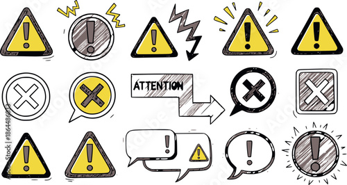 Hand drawn warning and attention icon set featuring various exclamation marks, cross signs, and message bubbles for interface design