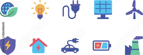 Renewable Energy and Sustainable Ecology Icons Set with Solar Panel Wind Turbine Electric Car and Eco Friendly Green Technology Concepts