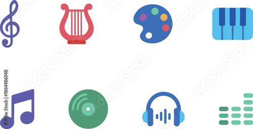 Music and Art Creativity Icons Featuring Musical Notes Harp Palette Piano Record and Headphones for Artistic Expression and Entertainment