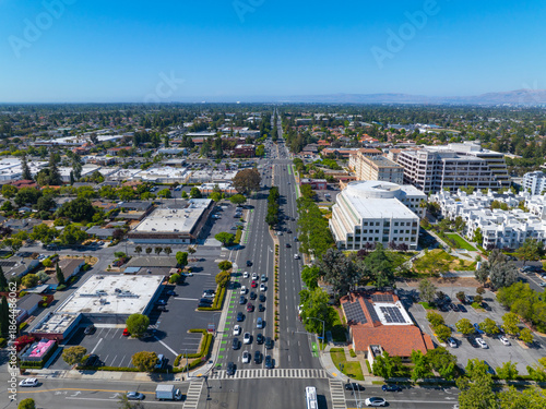 Cupertino city center aerial view on S De Anza Blvd near Civic Center of Cupertino, California CA, USA. 
