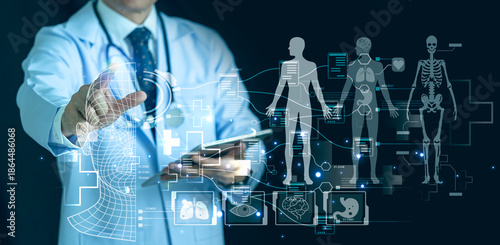 Doctor analyzing virtual human anatomy and organ scanning interface. Digital medical diagnosis, physiology x-ray visualization, and futuristic healthcare technology concept.