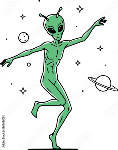 Modern line art illustration of a green alien depicting a playful pose for space exploration