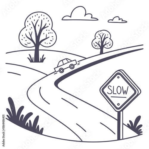 Title: A car is driving on a curved road with a slow sign and surrounded by trees and grass