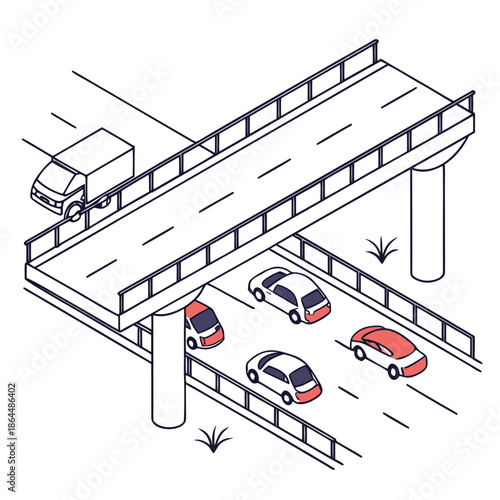 Title: A multi-level parking structure with cars parked on different levels and a truck driving