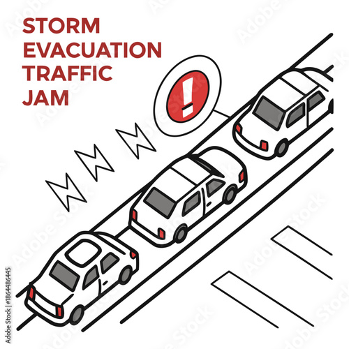 Title: Three cars are stuck in a traffic jam during a storm evacuation with a red exclamation