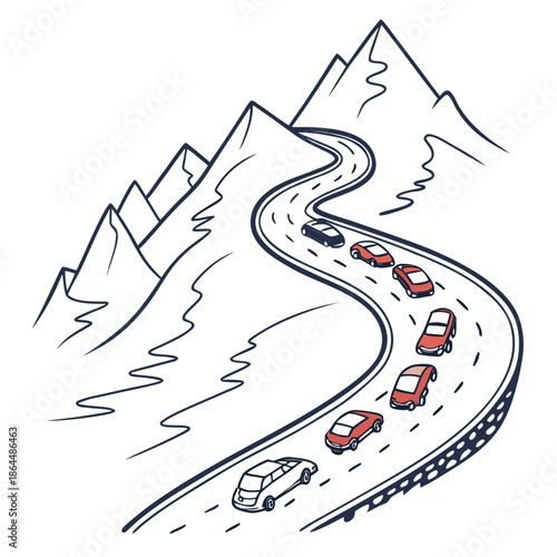 Title: Cars driving on a winding mountain road surrounded by rocky terrain and steep cliffs