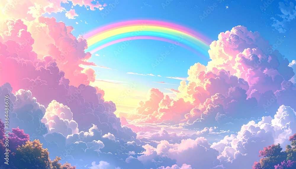 Fototapeta premium A vibrant digital illustration of a rainbow arching across a clear blue sky, framed by fluffy, pastel-colored clouds