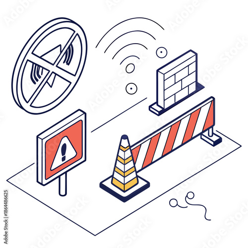 Title: Road construction with warning signs, cones, and a no Wi-Fi symbol indicating connectivity
