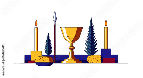 A golden chalice stands between two candles and stylized fir trees, evoking a sense of solemnity and tradition.
