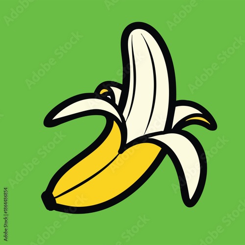 Vector illustration of a peeled banana icon on a green background