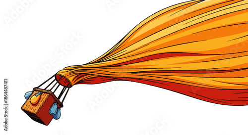 Whimsical illustration of a hot air balloon with a smiling book character in the basket, isolated on white background