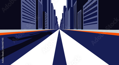 Abstract perspective of a city street with tall buildings and a vanishing point, modern urban design, graphic illustration