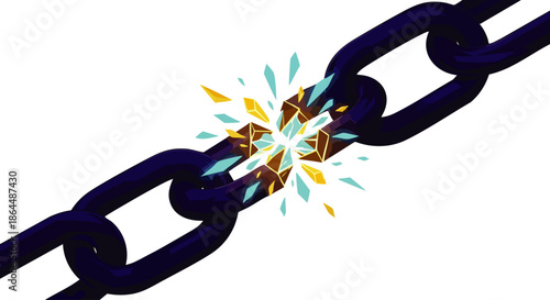 Illustration of a chain link breaking apart with an explosion, representing concepts like freedom, weakness, disruption, or the end of a strong connection.