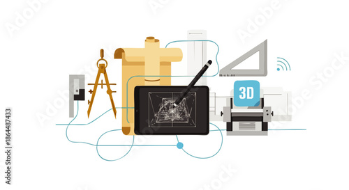 Digital 3D modeling and architectural design tools, including a graphics tablet, compass, ruler, and scroll