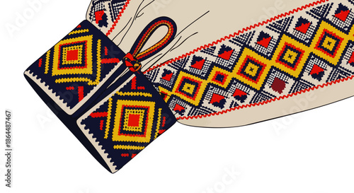 Close-up of traditional ethnic embroidery with geometric patterns on fabric, showcasing intricate craftsmanship and cultural heritage.