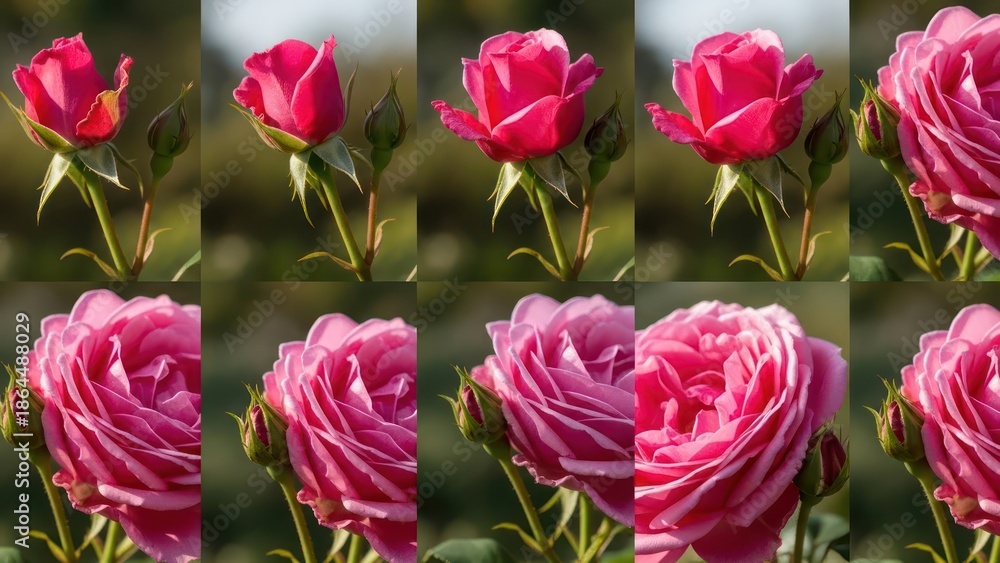 Obraz premium Botanical evolution captures the progression of a vibrant pink rose from bud to full bloom with a
