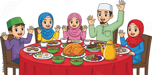Happy Muslim family having a festive dinner together with traditional food, celebrating Ramadan or Eid Mubarak in cute cartoon style.