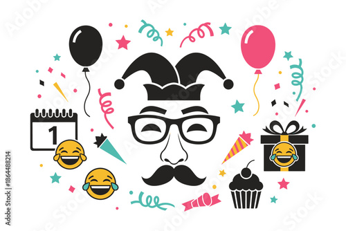 birthday celebration icons with laughing face and party elements on white background