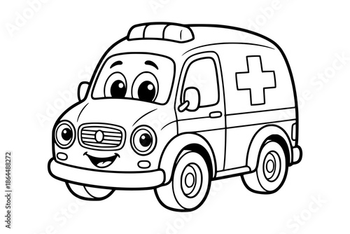 A cute cartoon ambulance with rounded corners and a friendly expression. Kids coloring book with simple line art to support creativity, motor skills, and early childhood learning.