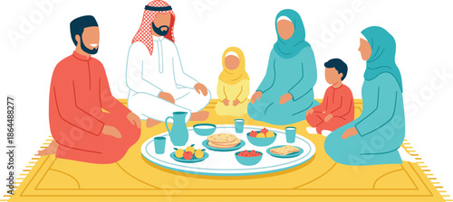 Happy Muslim family sitting on carpet floor, eating traditional Arabic food together, during Ramadan Iftar or Suhoor meal, at home