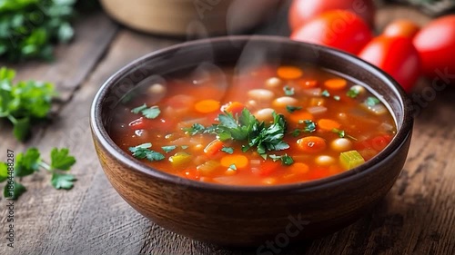 Hearty Vegetable Soup with Fresh Herbs and Tomatoes.