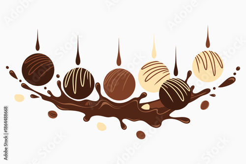 Chocolate truffles with drizzled chocolate and caramel on white background